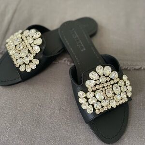 Mystique Boutique Black Slide Sandals with Floral Embellishments